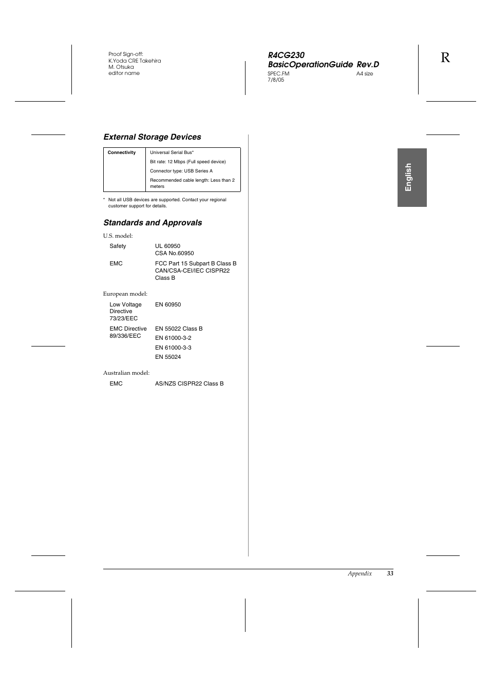 R4cg230 basicoperationguide rev.d, En g lis h external storage devices, Standards and approvals | Epson R340 User Manual | Page 33 / 40