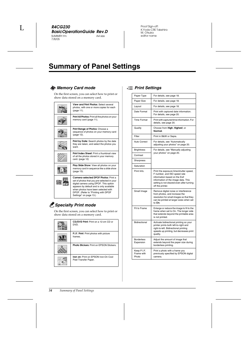 Summary of panel settings, R4cg230 basicoperationguide rev.d, Specialty print mode | Print settings | Epson R340 User Manual | Page 34 / 40