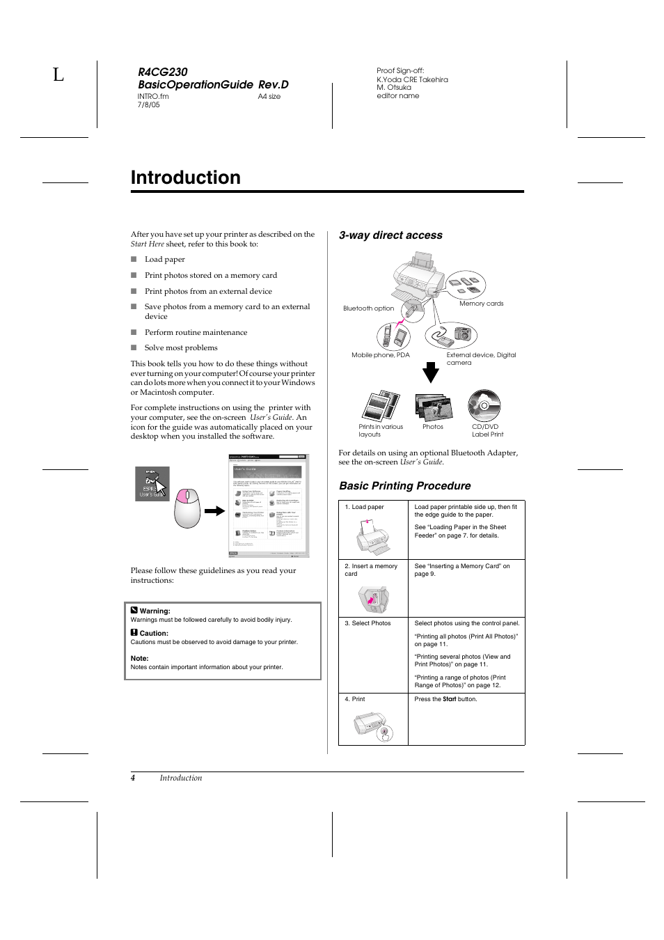 Introduction, R4cg230 basicoperationguide rev.d, Way direct access | Basic printing procedure | Epson R340 User Manual | Page 4 / 40