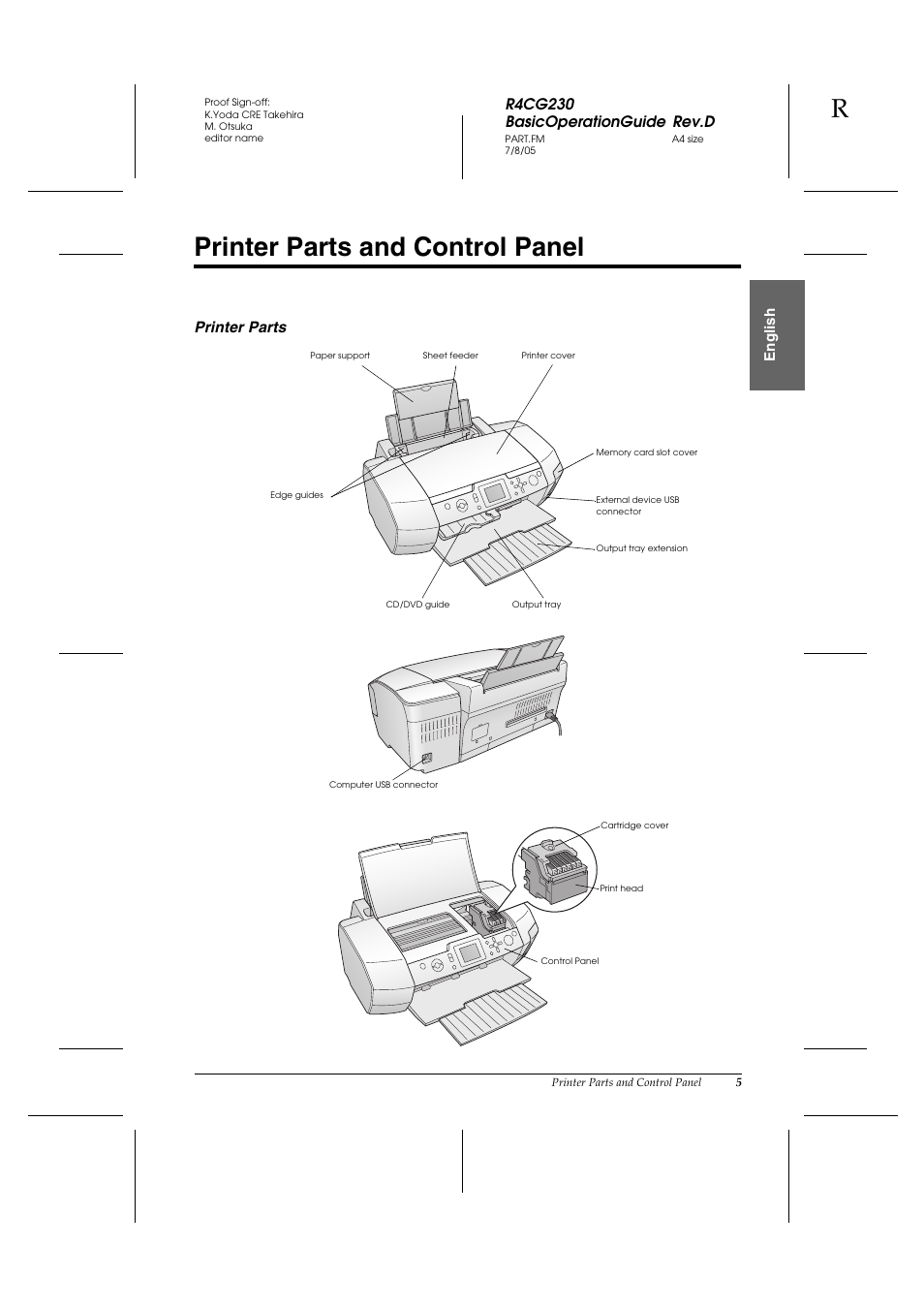 Printer parts and control panel, R4cg230 basicoperationguide rev.d, En g lis h | Printer parts | Epson R340 User Manual | Page 5 / 40