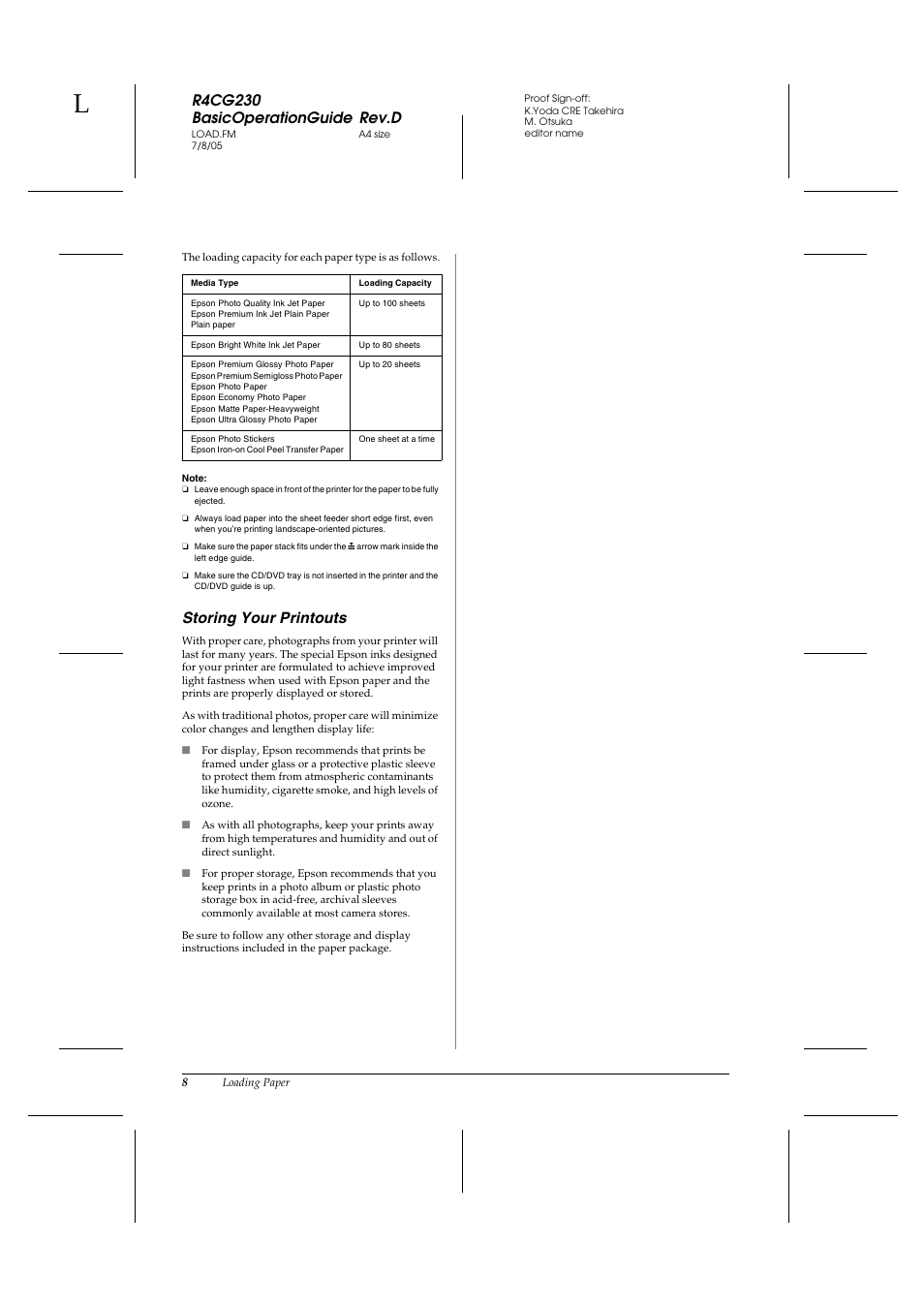 R4cg230 basicoperationguide rev.d, Storing your printouts | Epson R340 User Manual | Page 8 / 40