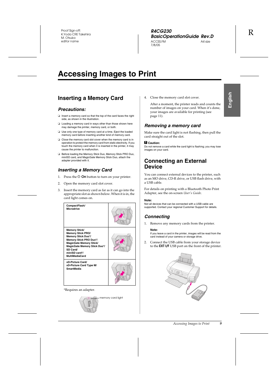 Accessing images to print, Connecting an external device, R4cg230 basicoperationguide rev.d | En g lis h, Precautions, Connecting | Epson R340 User Manual | Page 9 / 40