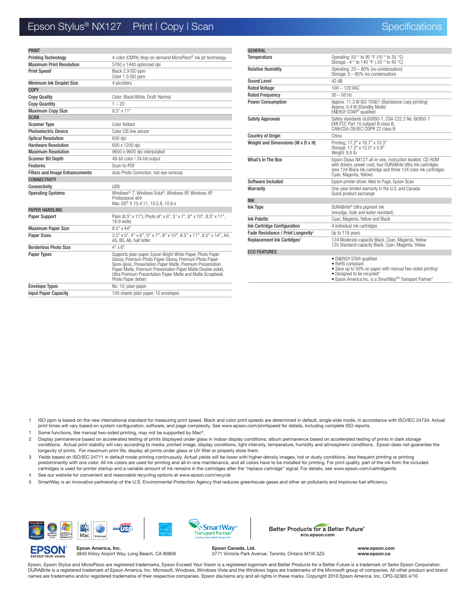 Epson stylus, Nx127 print | copy | scan specifications | Epson NX127 User Manual | Page 2 / 2