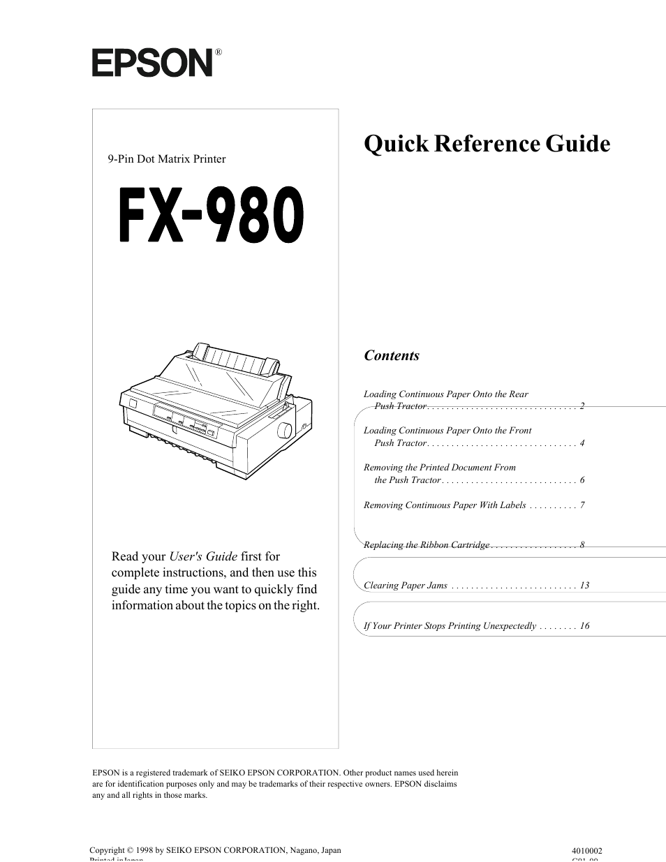 Epson 9-Pin Dot Matrix Printer FX-980 User Manual | 16 pages