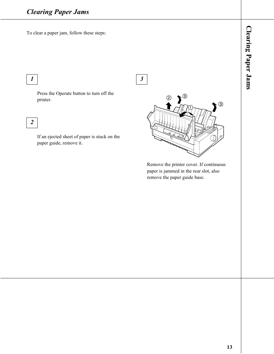 Clearing paper jams, Clearing p ap er jams | Epson 9-Pin Dot Matrix Printer FX-980 User Manual | Page 13 / 16