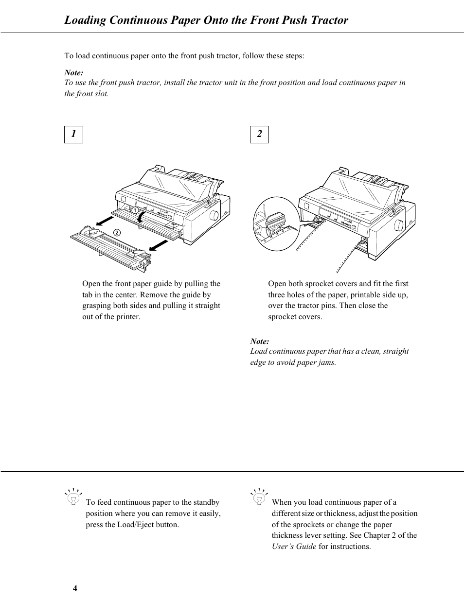 Loading continuous paper onto the front, Push tractor | Epson 9-Pin Dot Matrix Printer FX-980 User Manual | Page 4 / 16
