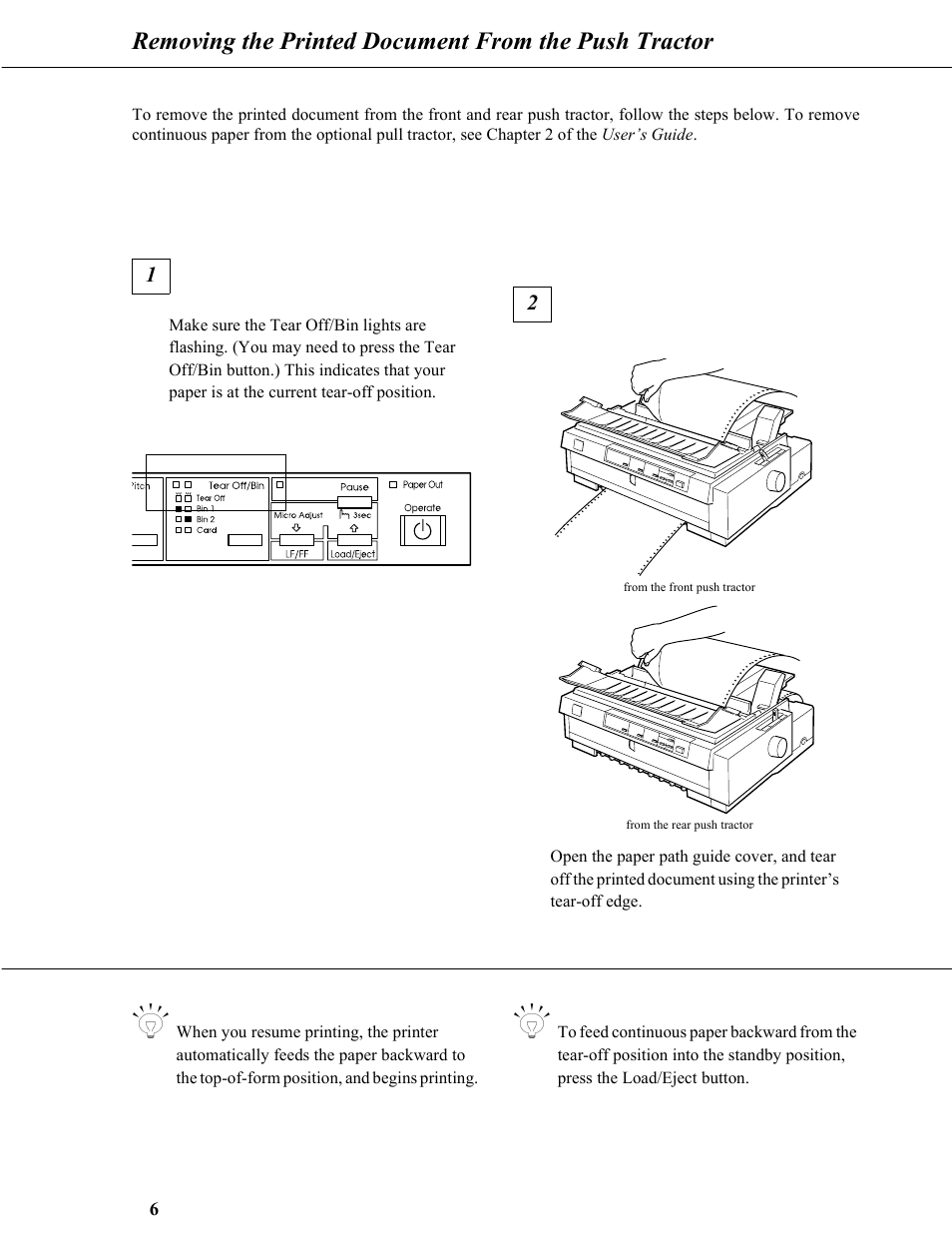 Removing the printed document from, The push tractor | Epson 9-Pin Dot Matrix Printer FX-980 User Manual | Page 6 / 16