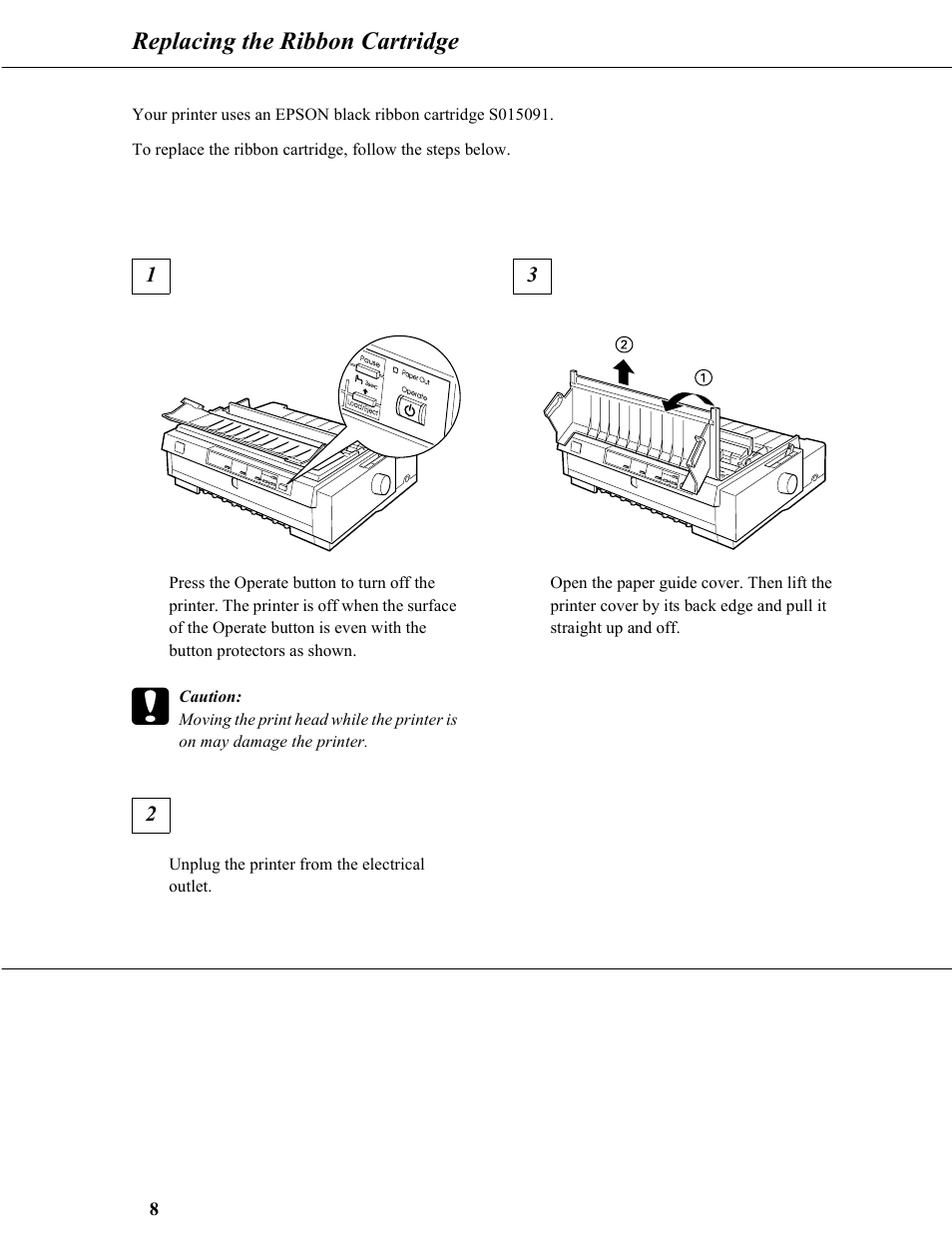 Replacing the ribbon cartridge | Epson 9-Pin Dot Matrix Printer FX-980 User Manual | Page 8 / 16