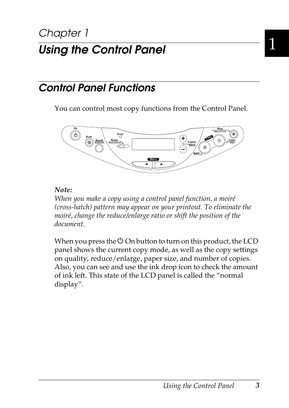 Using the control panel, Control panel functions, Chapter 1 | Epson Stylus CX3100 User Manual | Page 10 / 57