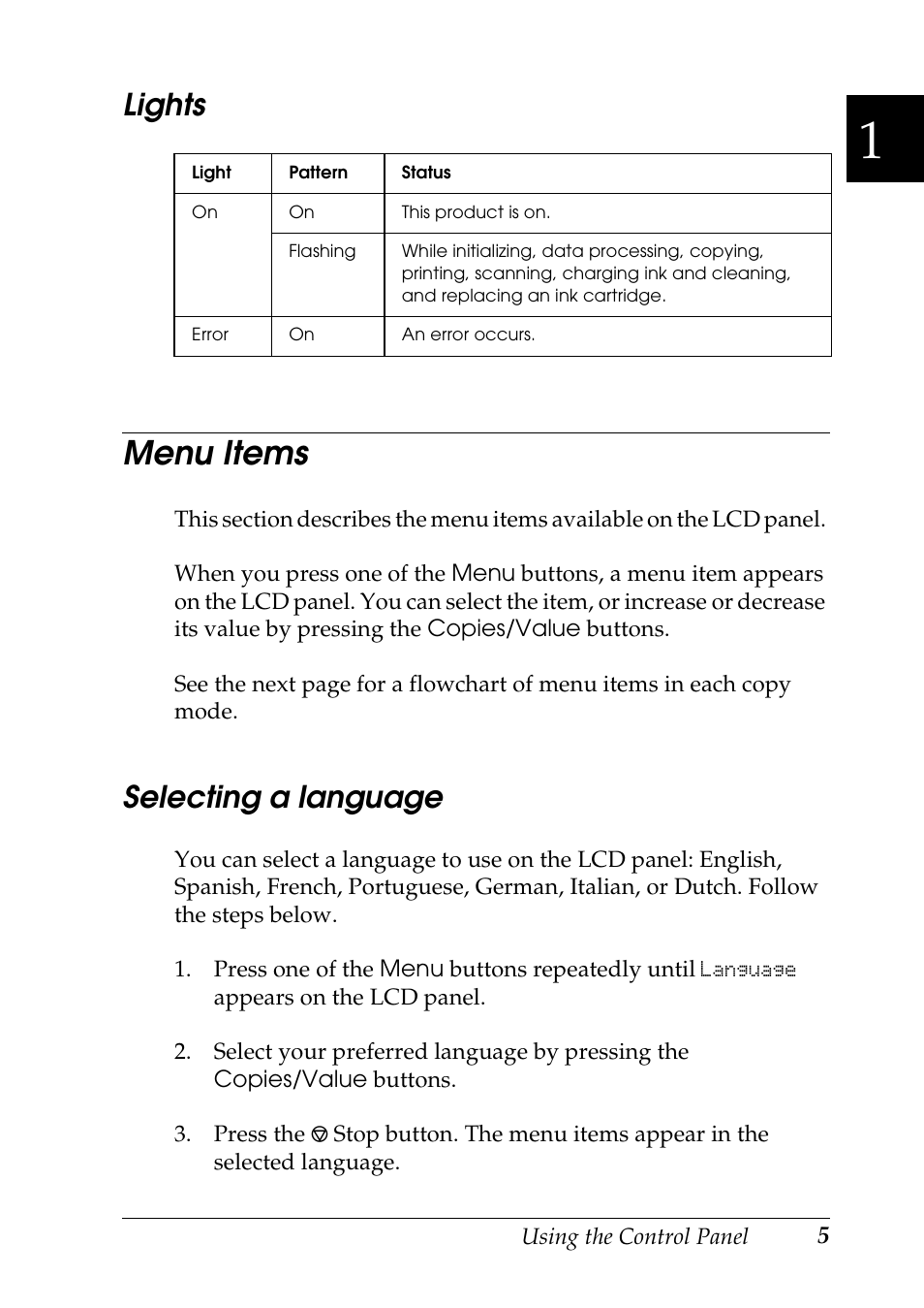 Lights, Menu items, Selecting a language | Epson Stylus CX3100 User Manual | Page 12 / 57