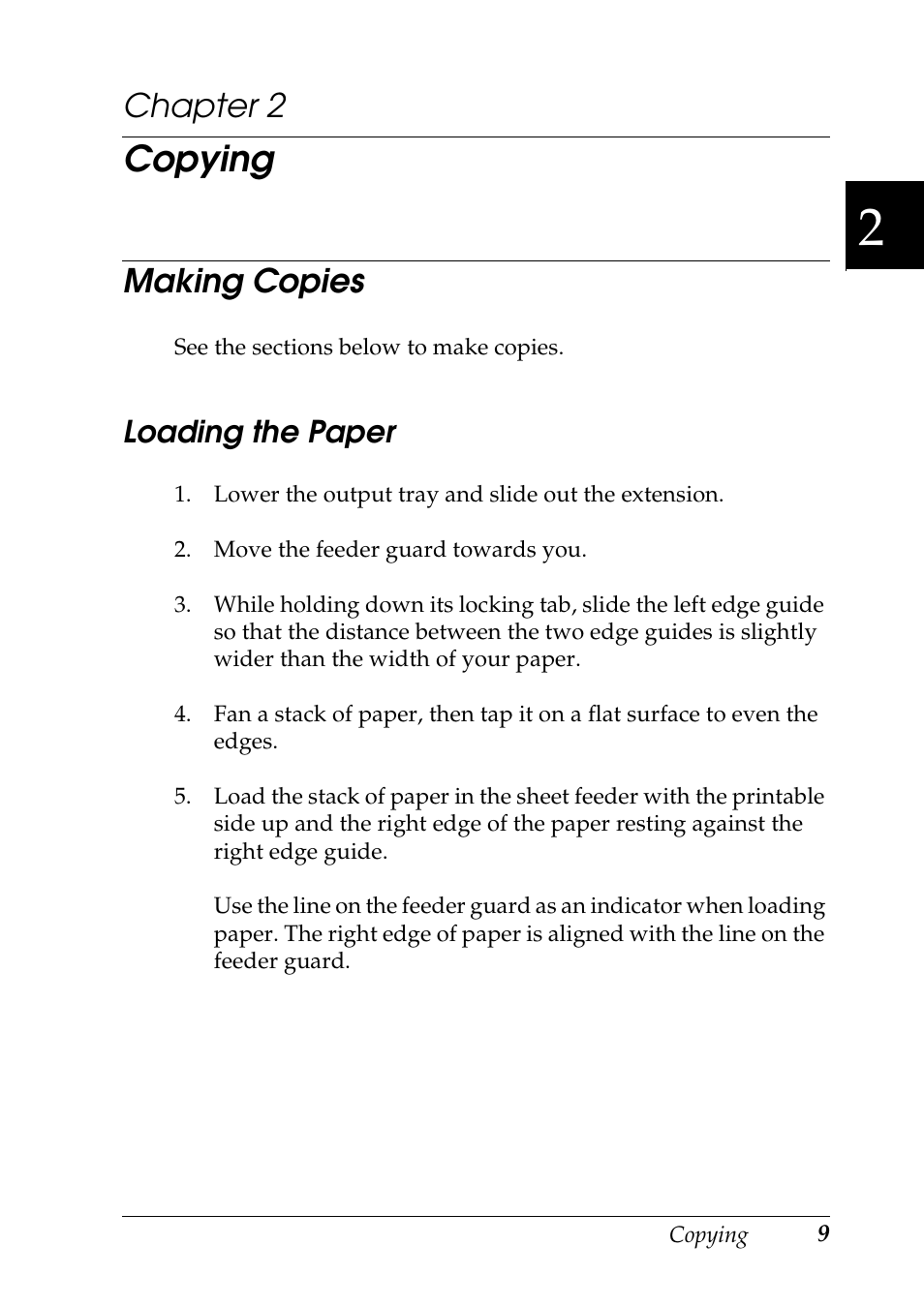 Copying, Making copies, Loading the paper | Chapter 2 | Epson Stylus CX3100 User Manual | Page 16 / 57