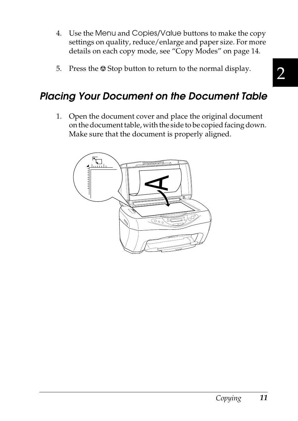 Placing your document on the document table | Epson Stylus CX3100 User Manual | Page 18 / 57