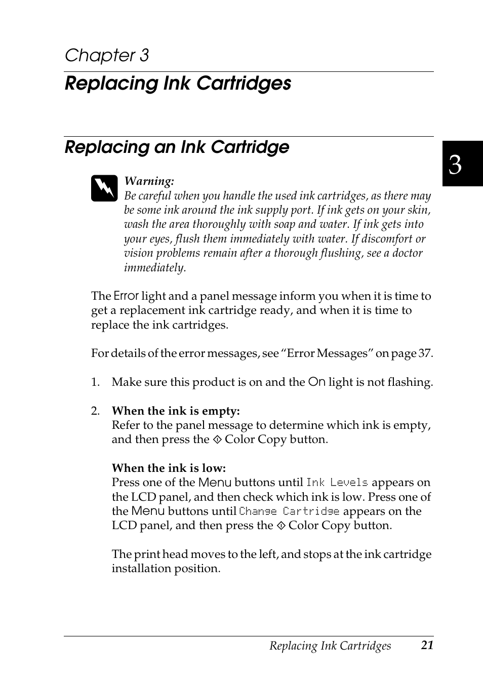 Replacing ink cartridges, Replacing an ink cartridge, Chapter 3 | Epson Stylus CX3100 User Manual | Page 28 / 57