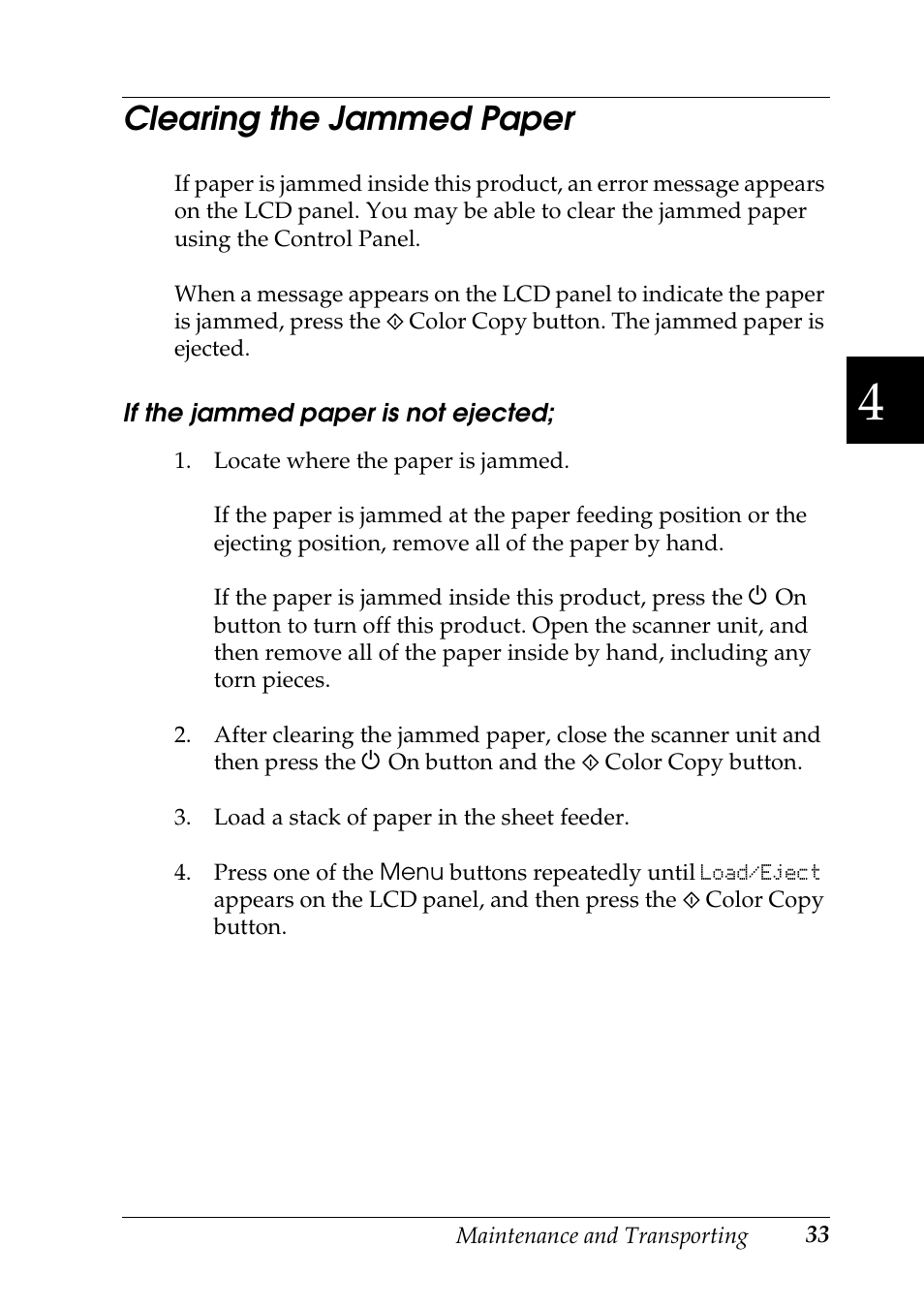 Clearing the jammed paper | Epson Stylus CX3100 User Manual | Page 40 / 57