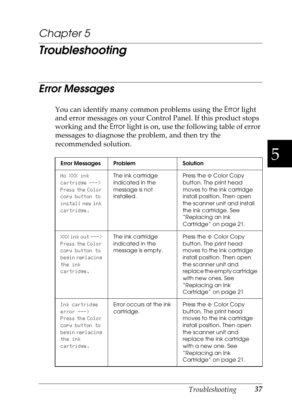 Troubleshooting, Error messages, Chapter 5 | Epson Stylus CX3100 User Manual | Page 44 / 57