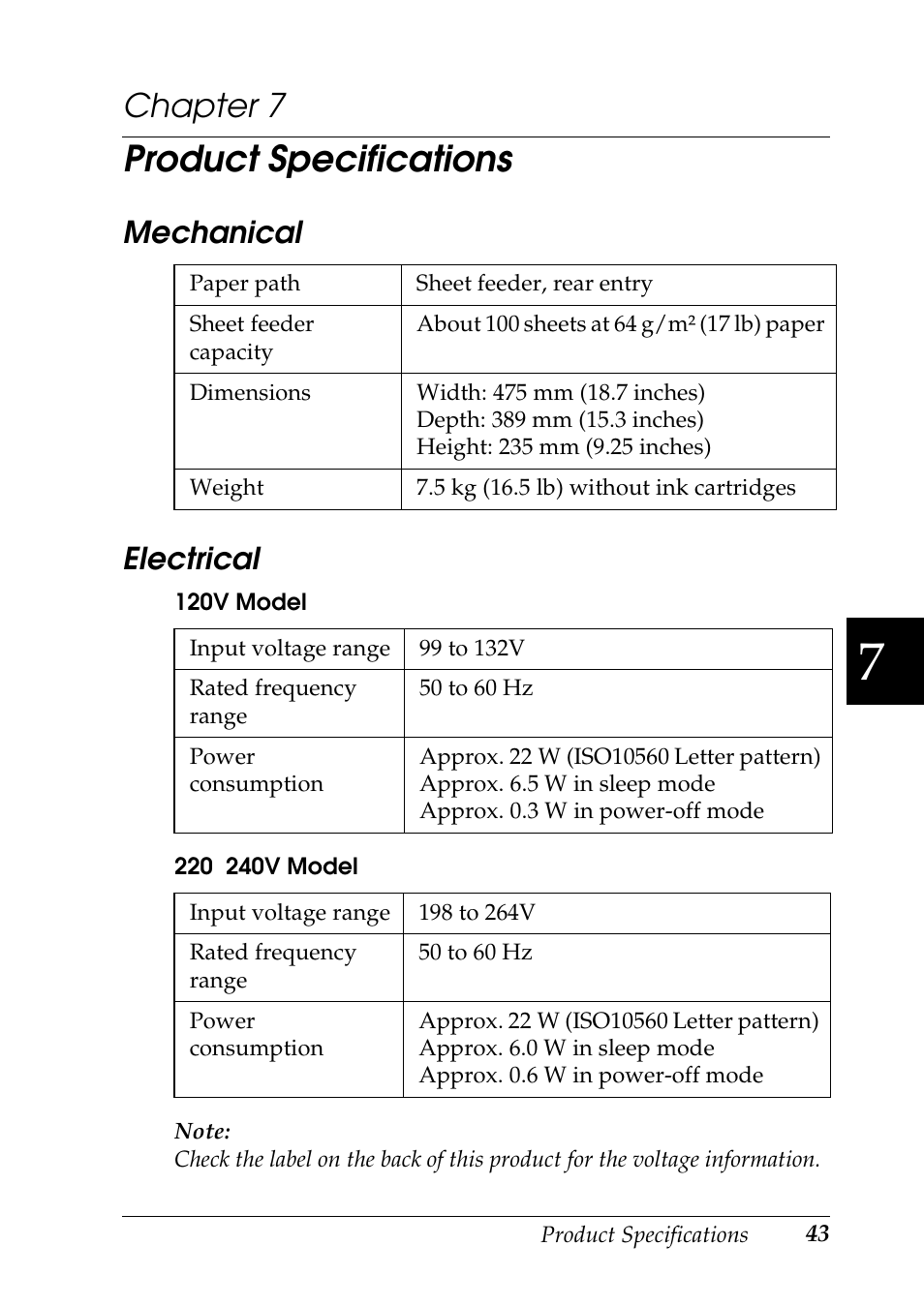 Product specifications, Mechanical, Electrical | Chapter 7, Mechanical electrical | Epson Stylus CX3100 User Manual | Page 50 / 57