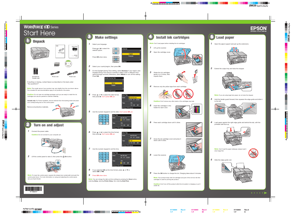 Make settings, Start here, Unpack | Load paper install ink cartridges, Turn on and adjust, Series | Epson WorkForce 610 Series User Manual | Page 2 / 8