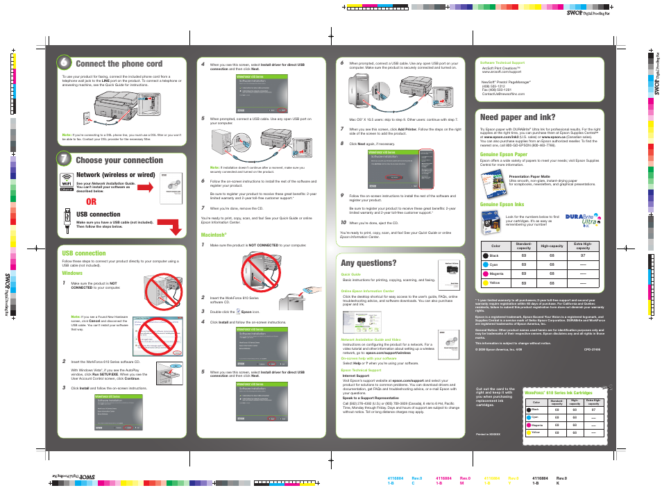 Connect the phone cord, Choose your connection, Network (wireless or wired) | Usb connection, Windows, Need paper and ink, Any questions | Epson WorkForce 610 Series User Manual | Page 5 / 8