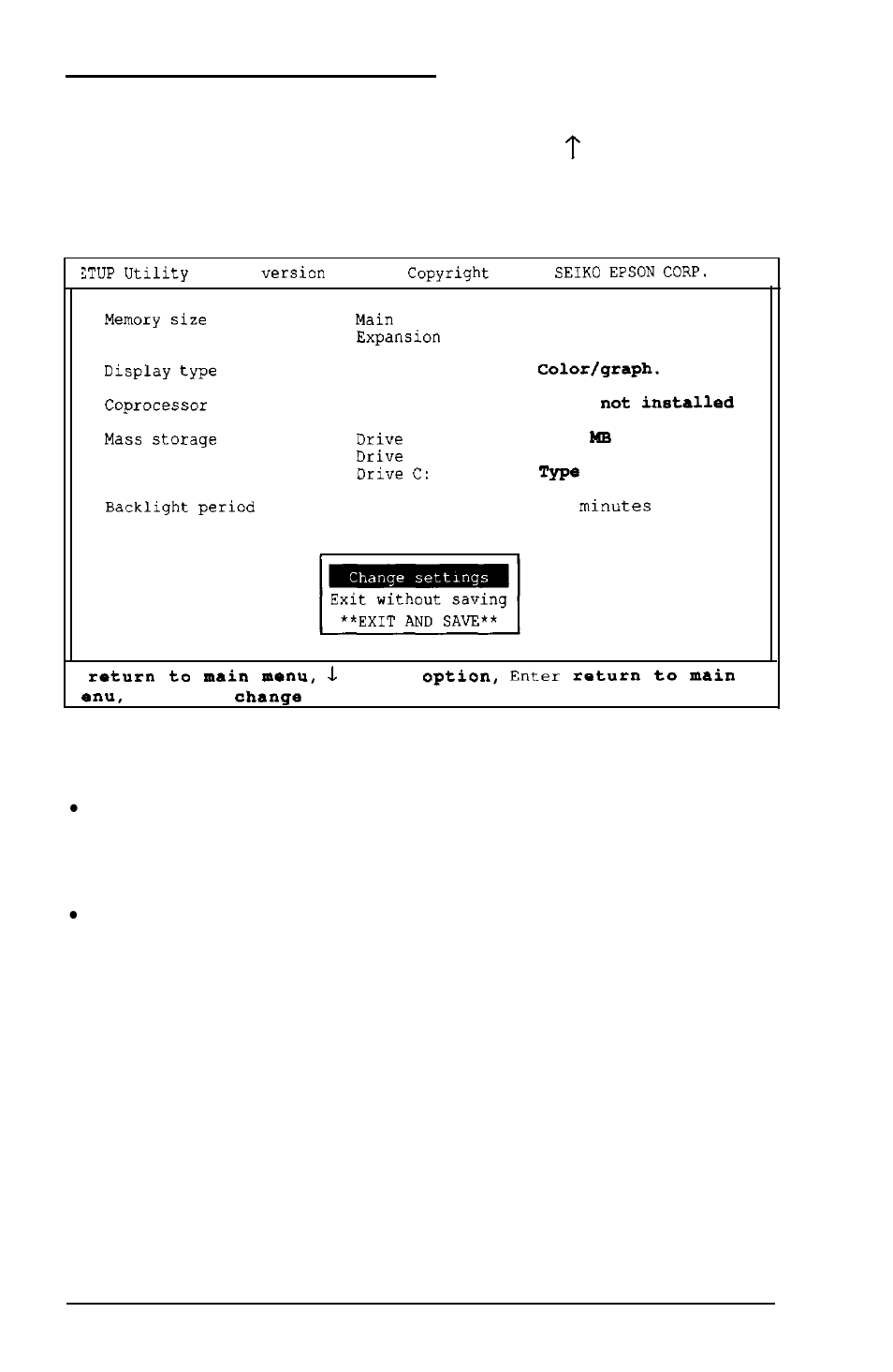 Leaving the setup program, Exit, Change settings | Exit without saving, Enter | Epson LT-286 User Manual | Page 47 / 188