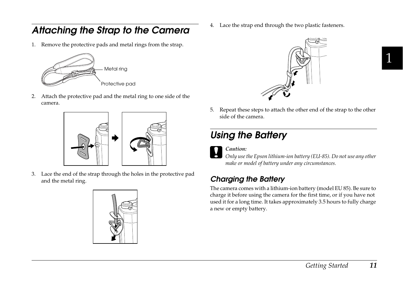 Attaching the strap to the camera, Using the battery, Charging the battery | Epson R-D1s User Manual | Page 11 / 48