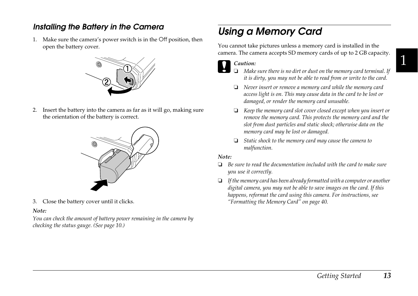 Installing the battery in the camera, Using a memory card | Epson R-D1s User Manual | Page 13 / 48