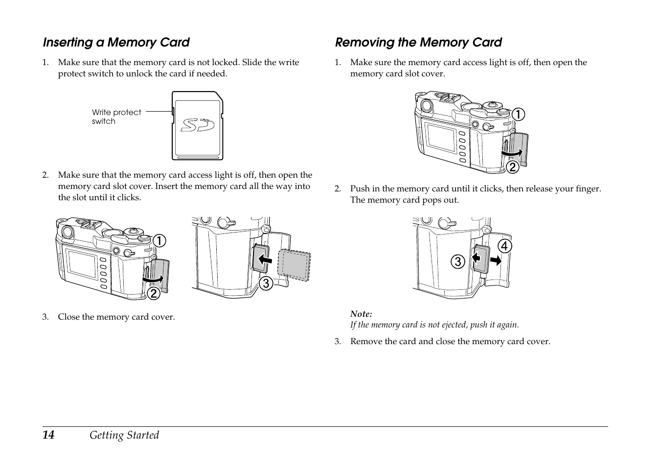 Inserting a memory card, Removing the memory card, Inserting a memory card removing the memory card | Epson R-D1s User Manual | Page 14 / 48