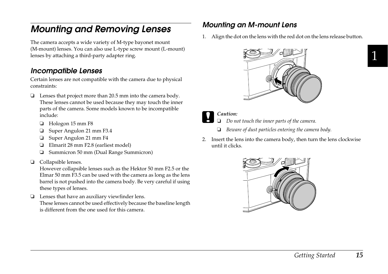 Mounting and removing lenses, Incompatible lenses, Mounting an m-mount lens | Incompatible lenses mounting an m-mount lens | Epson R-D1s User Manual | Page 15 / 48