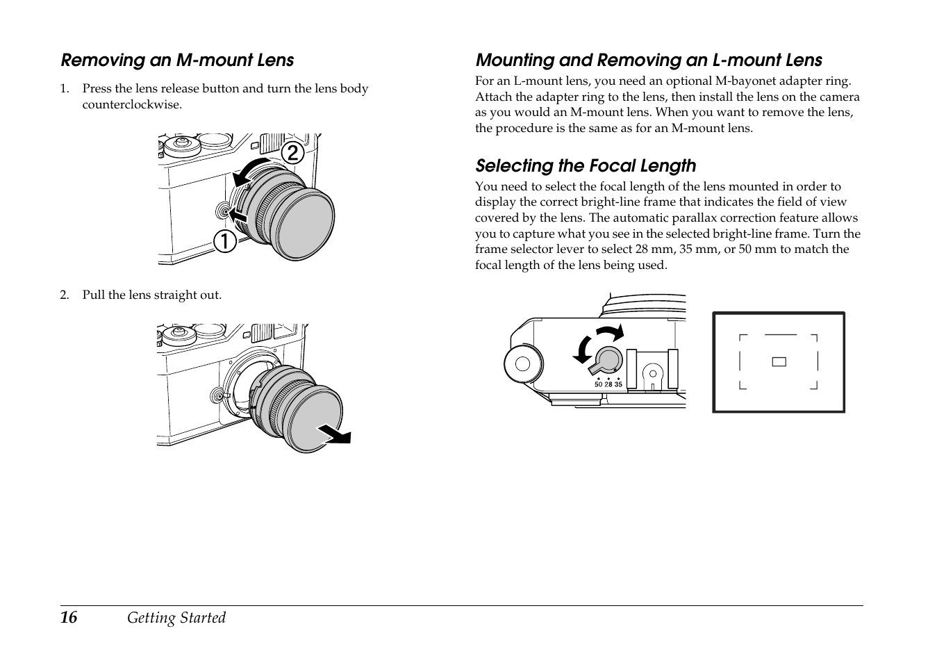 Removing an m-mount lens, Mounting and removing an l-mount lens, Selecting the focal length | Epson R-D1s User Manual | Page 16 / 48