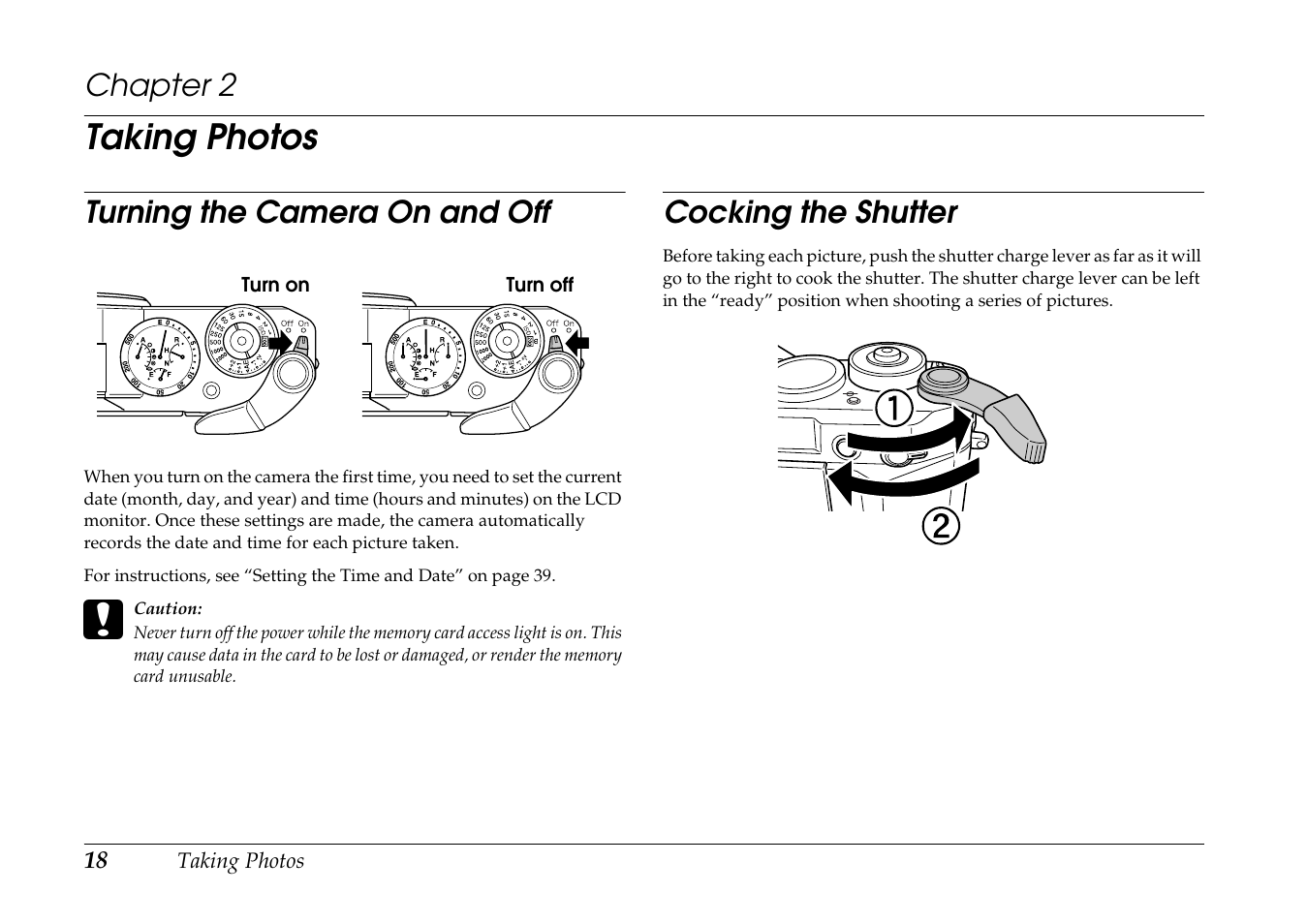 Taking photos, Turning the camera on and off, Cocking the shutter | Chapter 2, Turning the camera on and off cocking the shutter | Epson R-D1s User Manual | Page 18 / 48