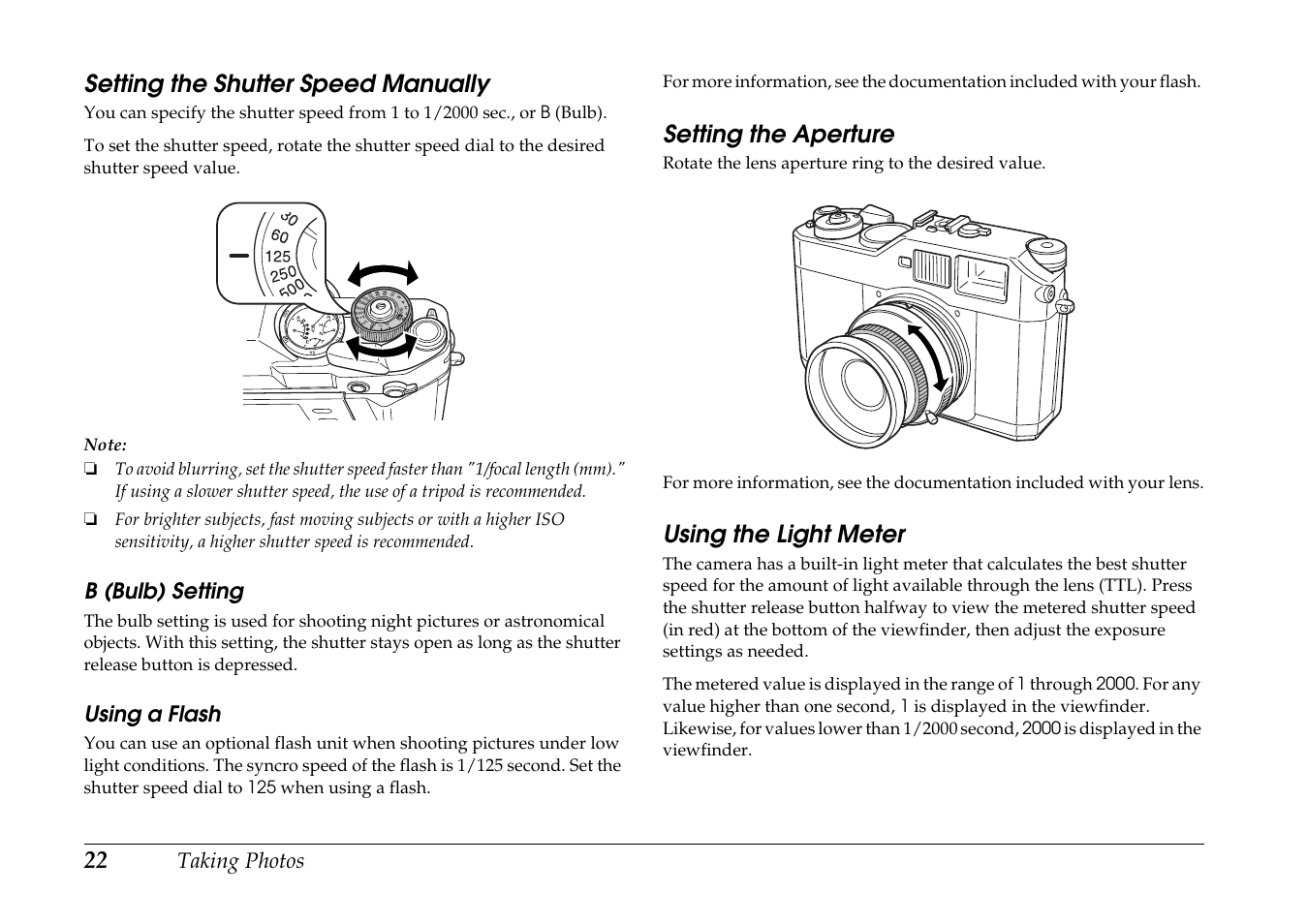 Setting the shutter speed manually, Setting the aperture, Using the light meter | Epson R-D1s User Manual | Page 22 / 48