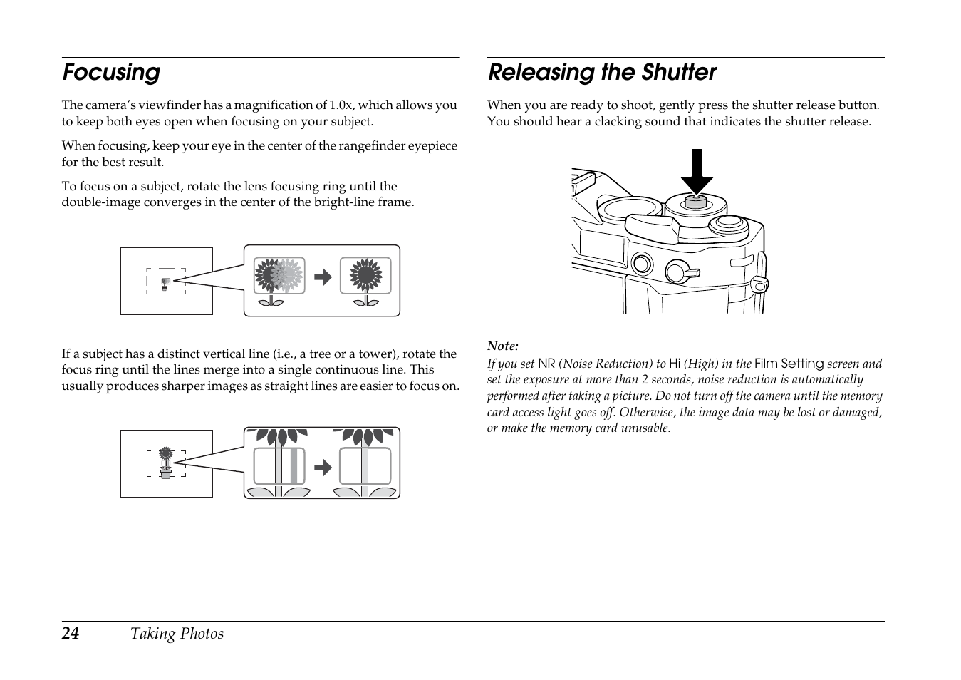Focusing, Releasing the shutter, Focusing releasing the shutter | Epson R-D1s User Manual | Page 24 / 48