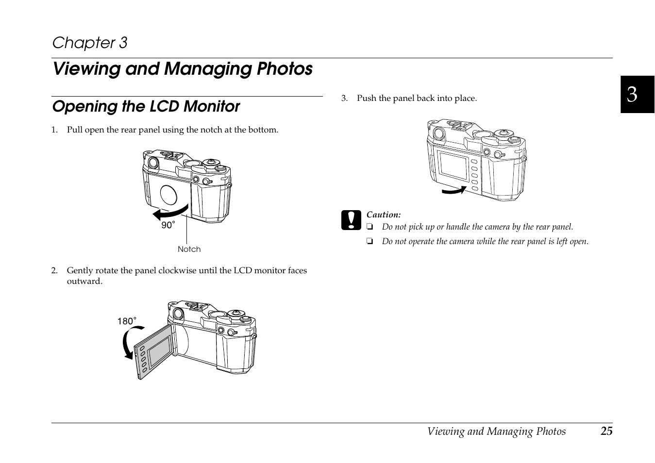 Viewing and managing photos, Opening the lcd monitor, Chapter 3 | Epson R-D1s User Manual | Page 25 / 48