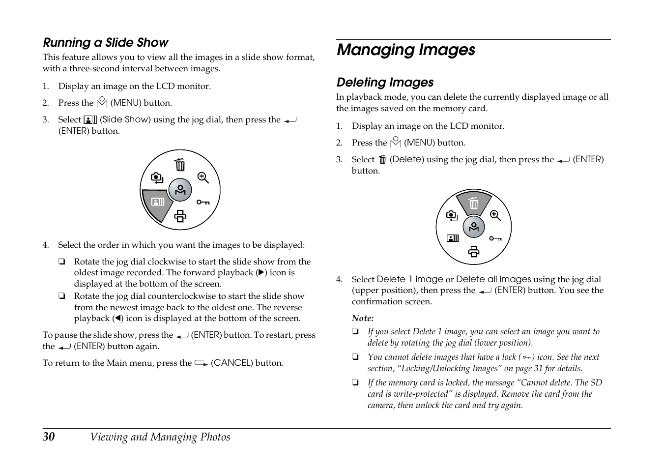 Running a slide show, Managing images, Deleting images | Epson R-D1s User Manual | Page 30 / 48