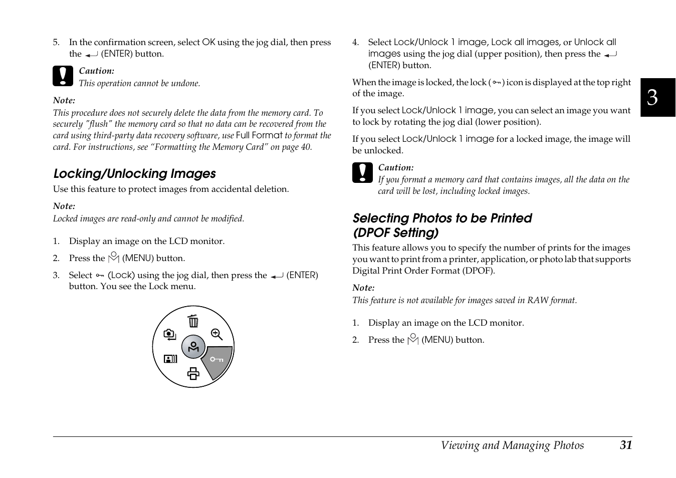 Locking/unlocking images, Selecting photos to be printed (dpof setting), Dpof setting) | Epson R-D1s User Manual | Page 31 / 48