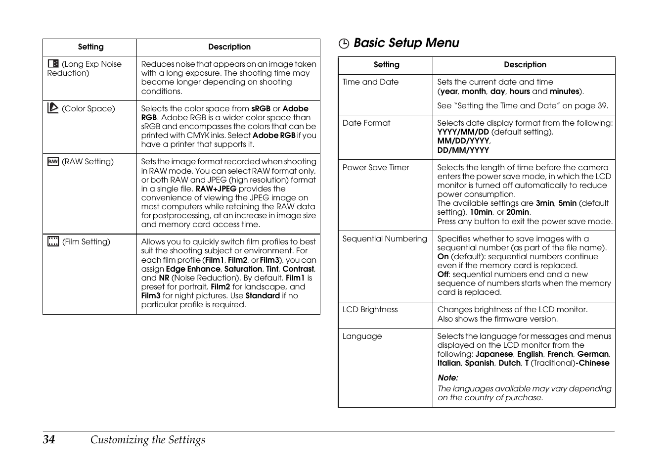 Basic setup menu | Epson R-D1s User Manual | Page 34 / 48