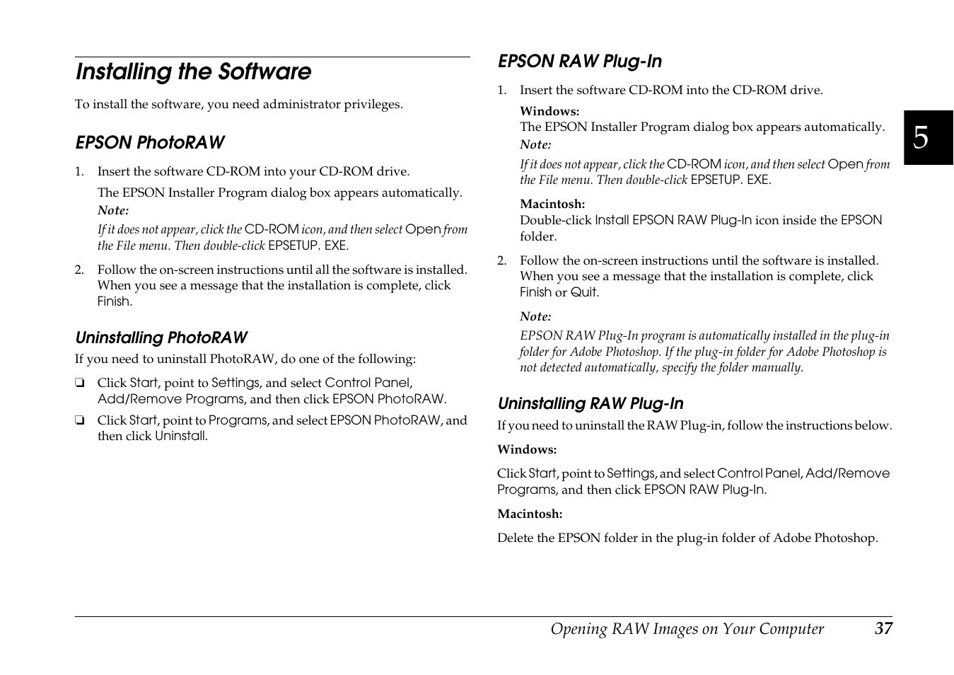 Installing the software, Epson photoraw, Epson raw plug-in | Epson photoraw epson raw plug-in | Epson R-D1s User Manual | Page 37 / 48