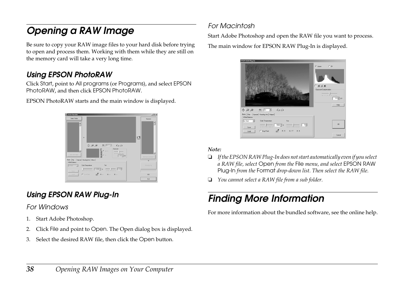 Opening a raw image, Using epson photoraw, Using epson raw plug-in | Finding more information, Using epson photoraw using epson raw plug-in | Epson R-D1s User Manual | Page 38 / 48