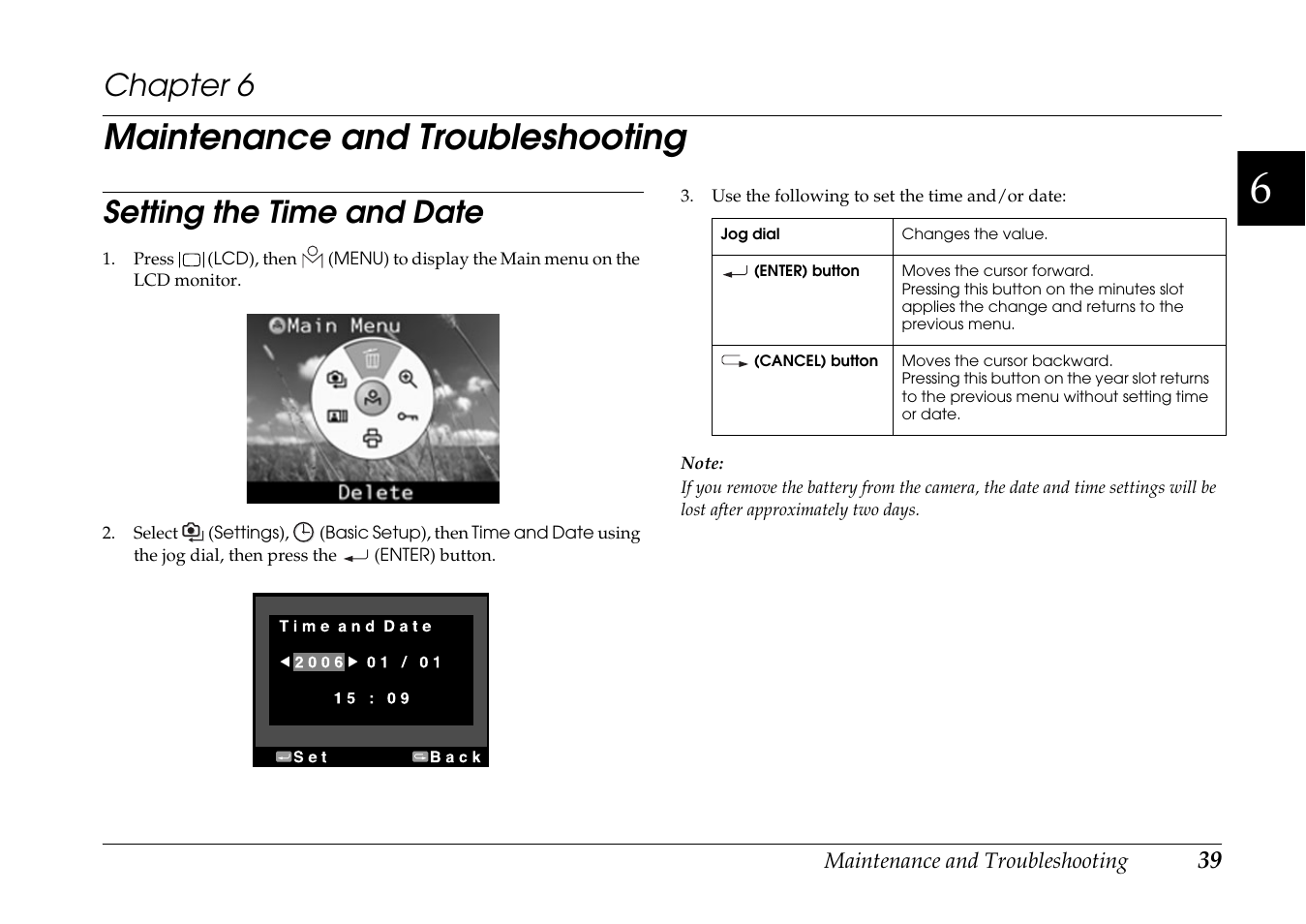 Maintenance and troubleshooting, Setting the time and date, Chapter 6 | Epson R-D1s User Manual | Page 39 / 48