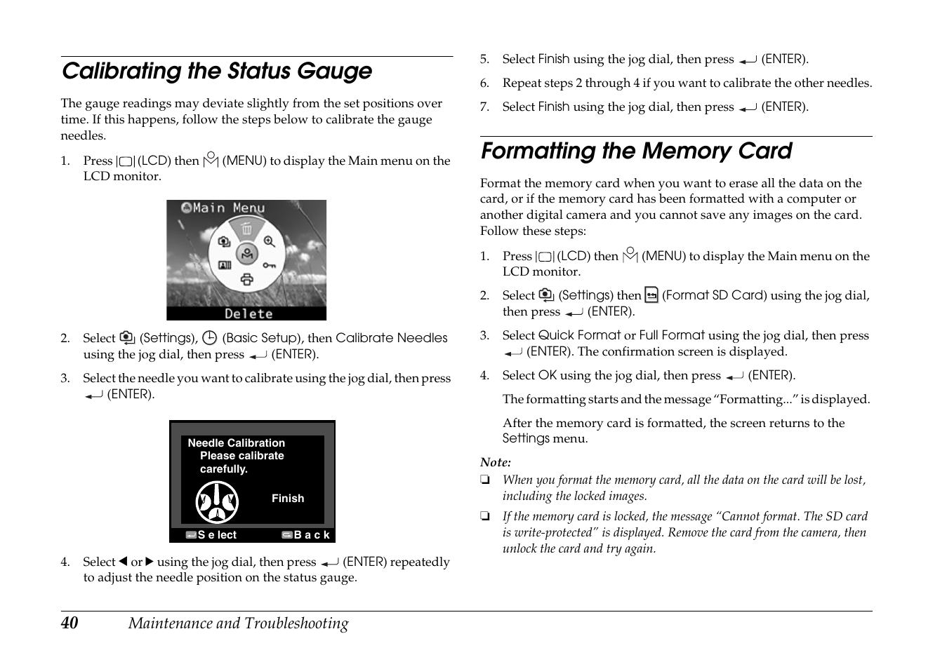 Calibrating the status gauge, Formatting the memory card | Epson R-D1s User Manual | Page 40 / 48