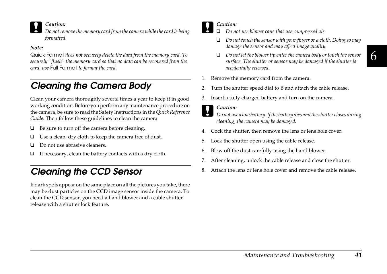 Cleaning the camera body, Cleaning the ccd sensor, Cleaning the camera body cleaning the ccd sensor | Epson R-D1s User Manual | Page 41 / 48