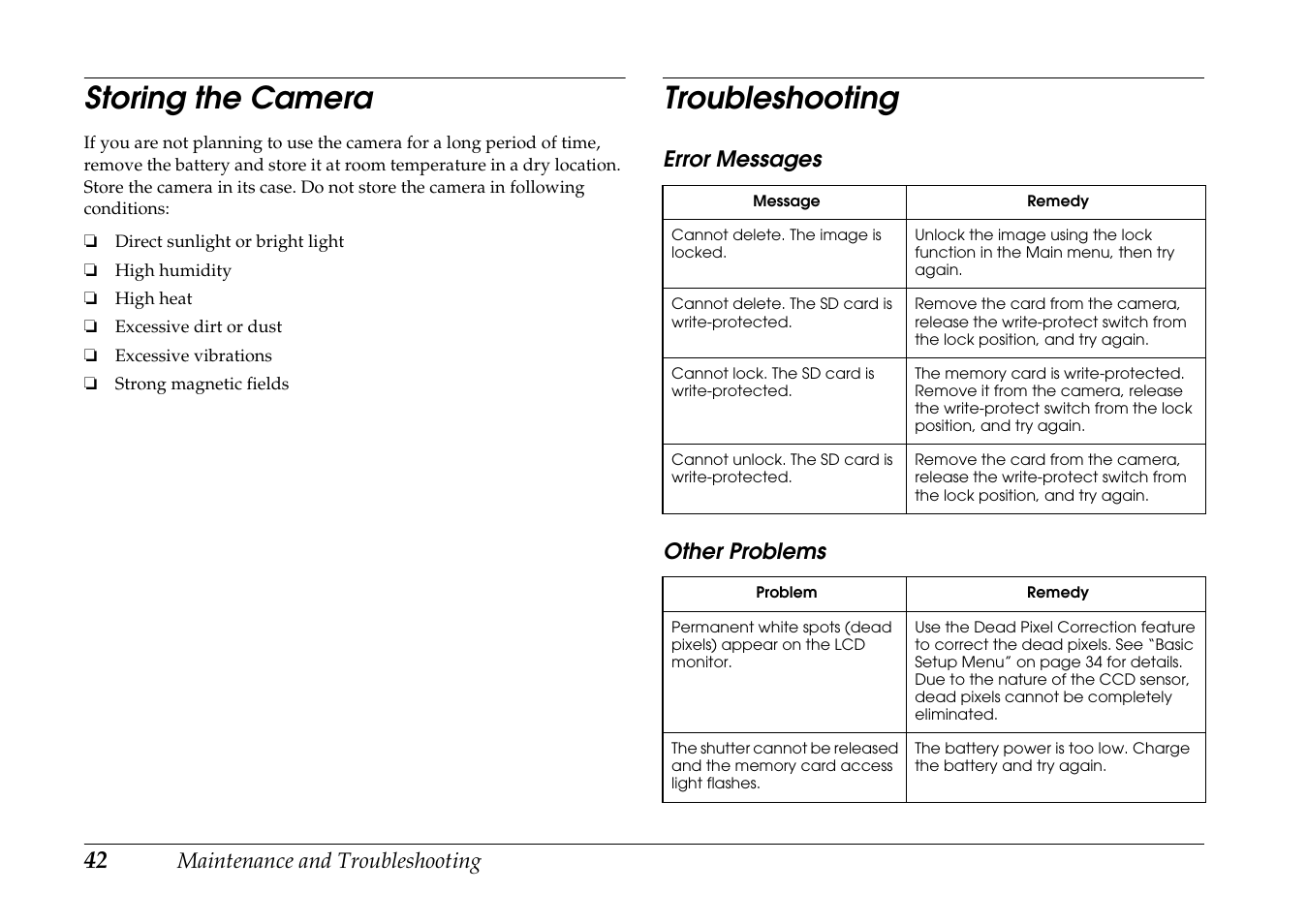 Storing the camera, Troubleshooting, Storing the camera troubleshooting | Epson R-D1s User Manual | Page 42 / 48