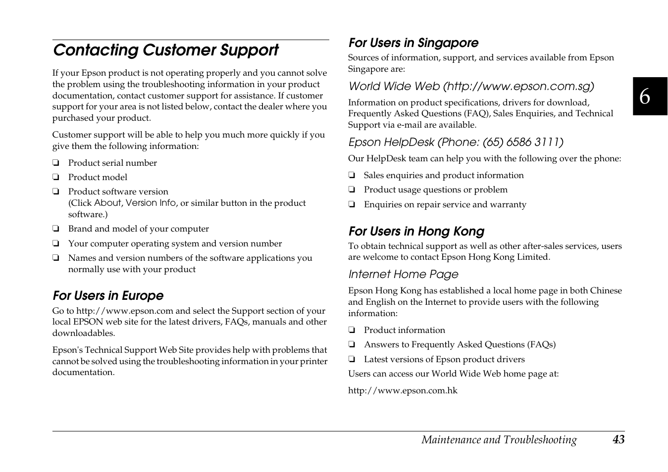 Contacting customer support, For users in europe, For users in singapore | For users in hong kong | Epson R-D1s User Manual | Page 43 / 48