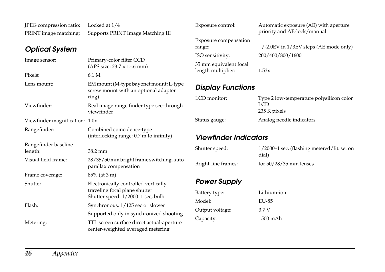 Optical system, Display functions, Viewfinder indicators | Power supply | Epson R-D1s User Manual | Page 46 / 48