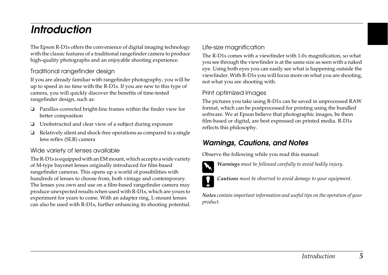 Introduction, Warnings, cautions, and notes | Epson R-D1s User Manual | Page 5 / 48