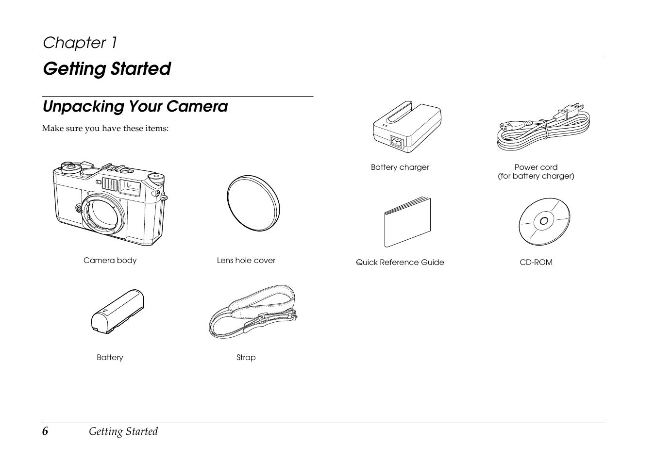 Getting started, Unpacking your camera, Chapter 1 | Epson R-D1s User Manual | Page 6 / 48