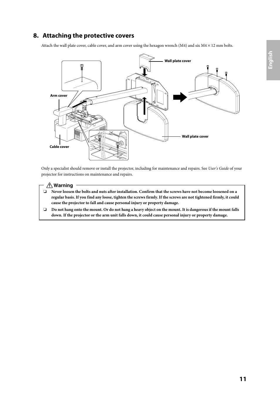 Attaching the protective covers, English | Epson ELPMB24 User Manual | Page 11 / 52