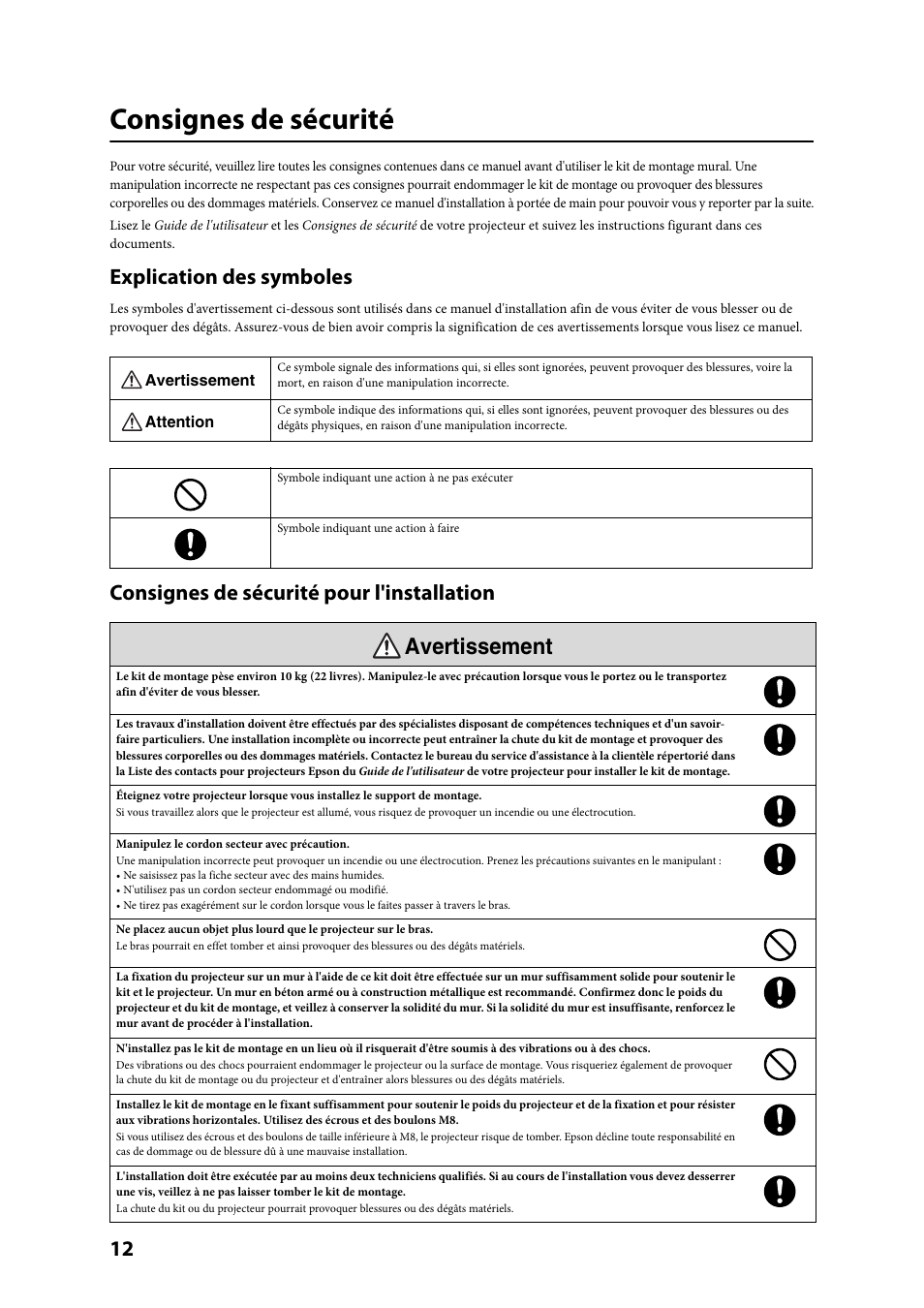 Consignes de sécurité, Avertissement, Explication des symboles | Consignes de sécurité pour l'installation | Epson ELPMB24 User Manual | Page 12 / 52