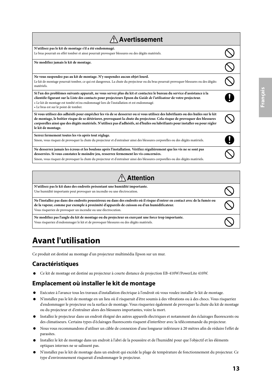 Avant l'utilisation, Avertissement attention, Caractéristiques | Emplacement où installer le kit de montage | Epson ELPMB24 User Manual | Page 13 / 52