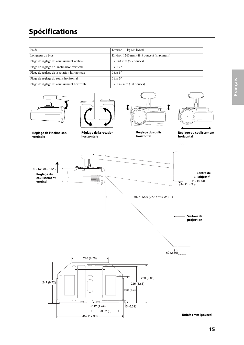 Spécifications, Fra n ça is | Epson ELPMB24 User Manual | Page 15 / 52