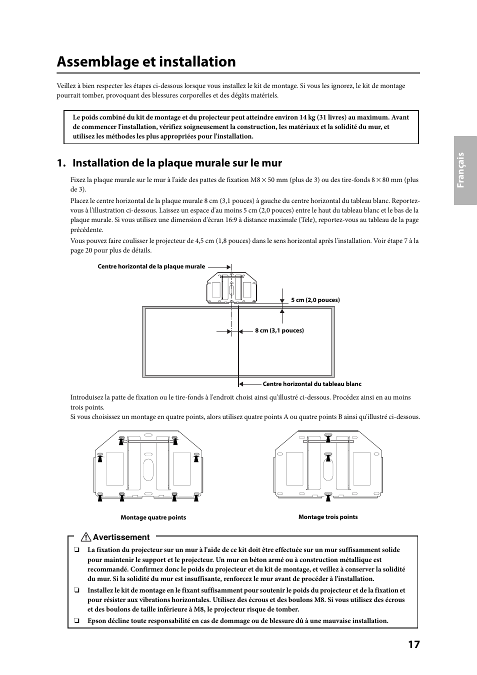 Assemblage et installation, Installation de la plaque murale sur le mur | Epson ELPMB24 User Manual | Page 17 / 52